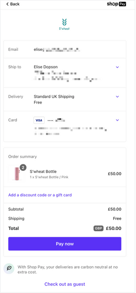Example of Shop Pay checkout screen