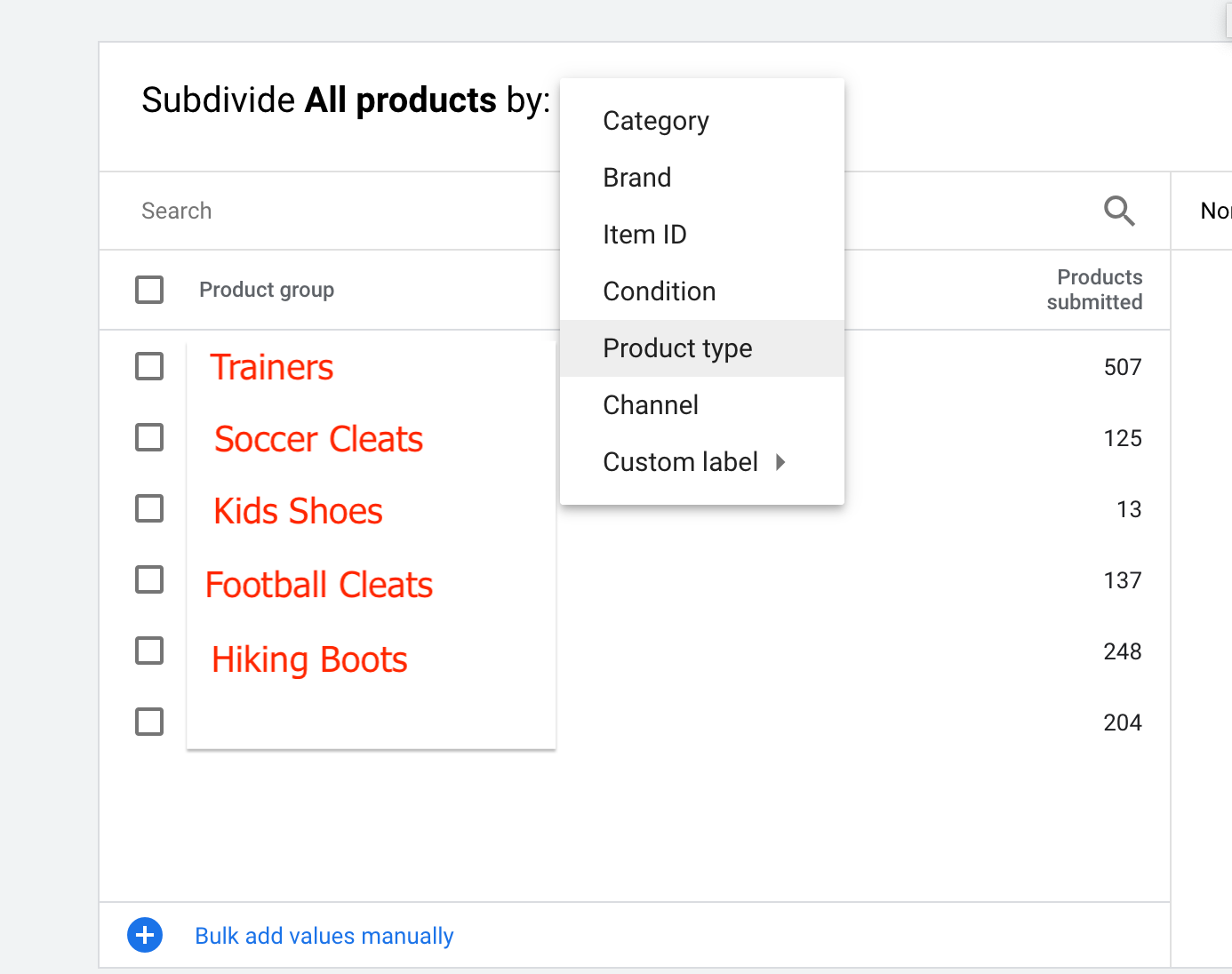 subdivide all products by type