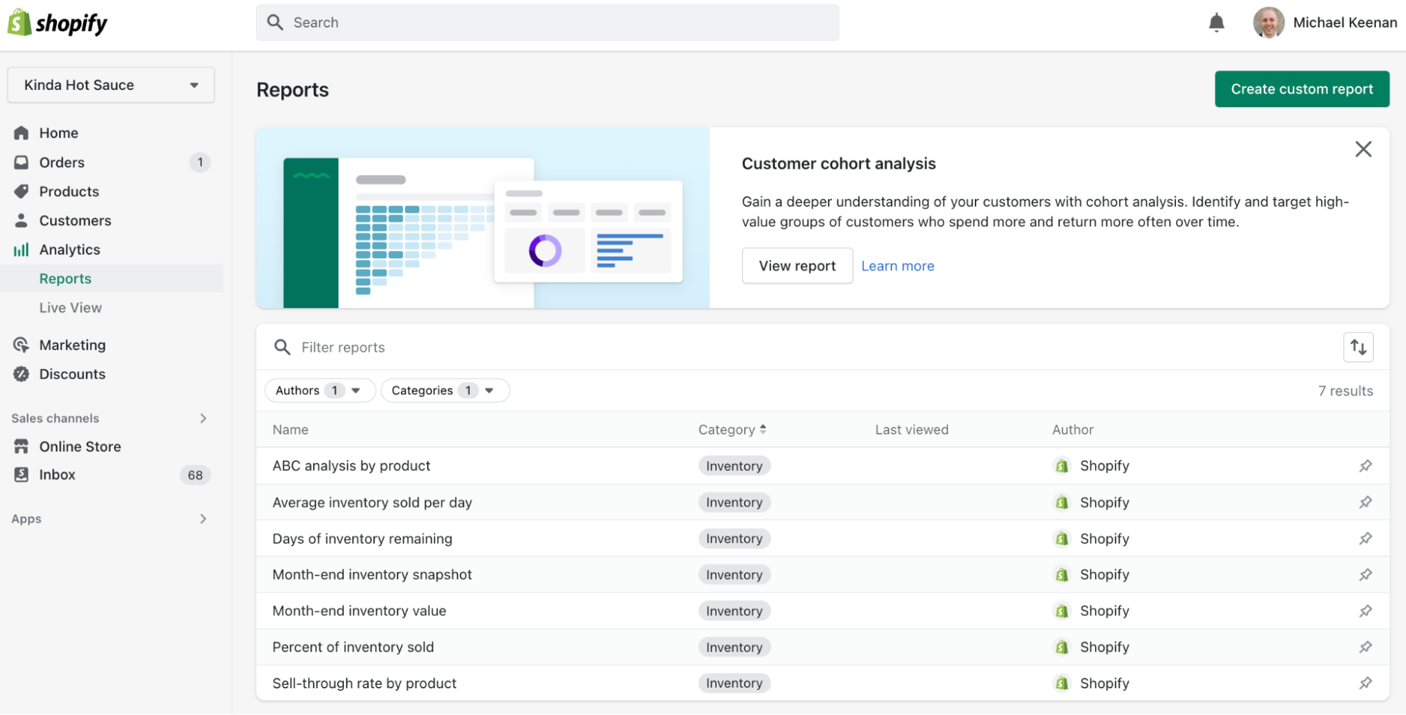 Screenshot of the Shopify reports page