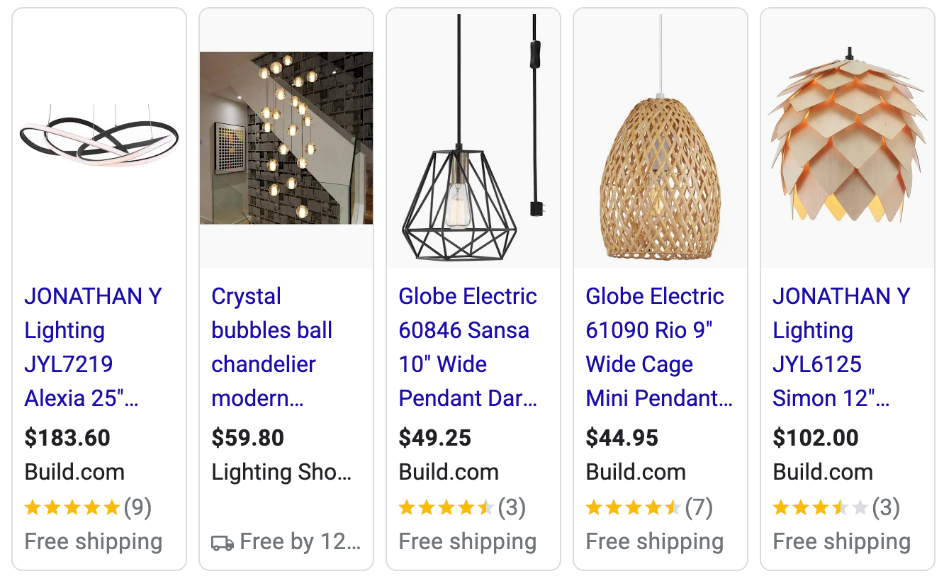 A selection of decorative retail lighting on Google shopping