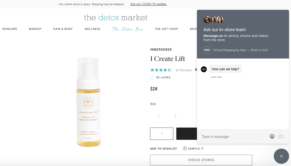 the detox market product page with chat open
