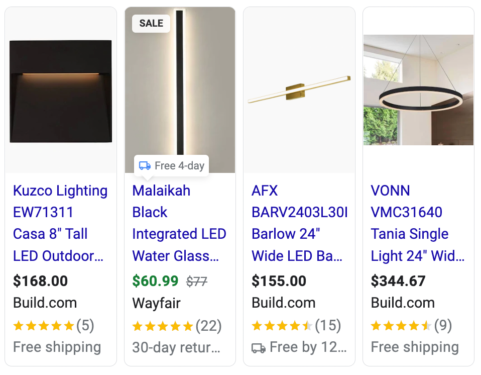 A selection of ambient lighting options on Google shopping