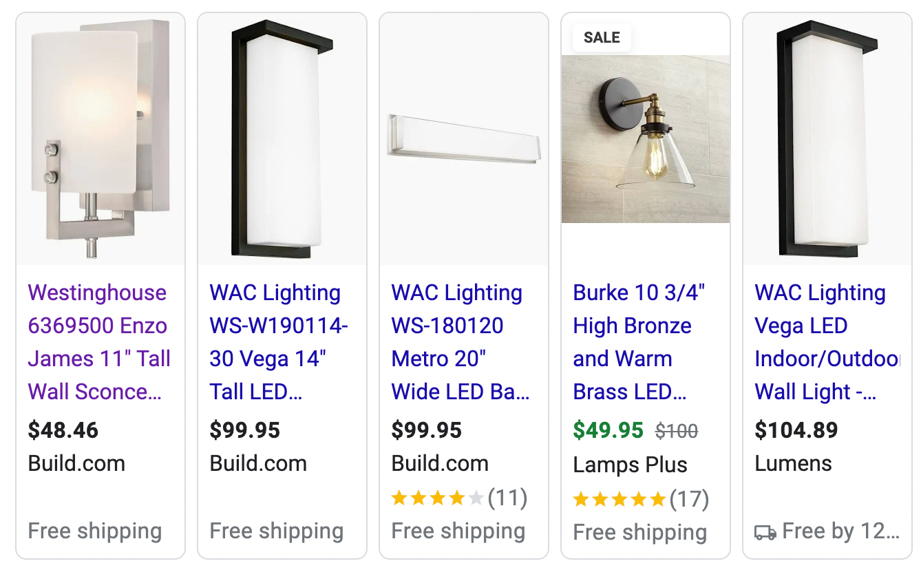 A selection of wall sconces on Google shopping.