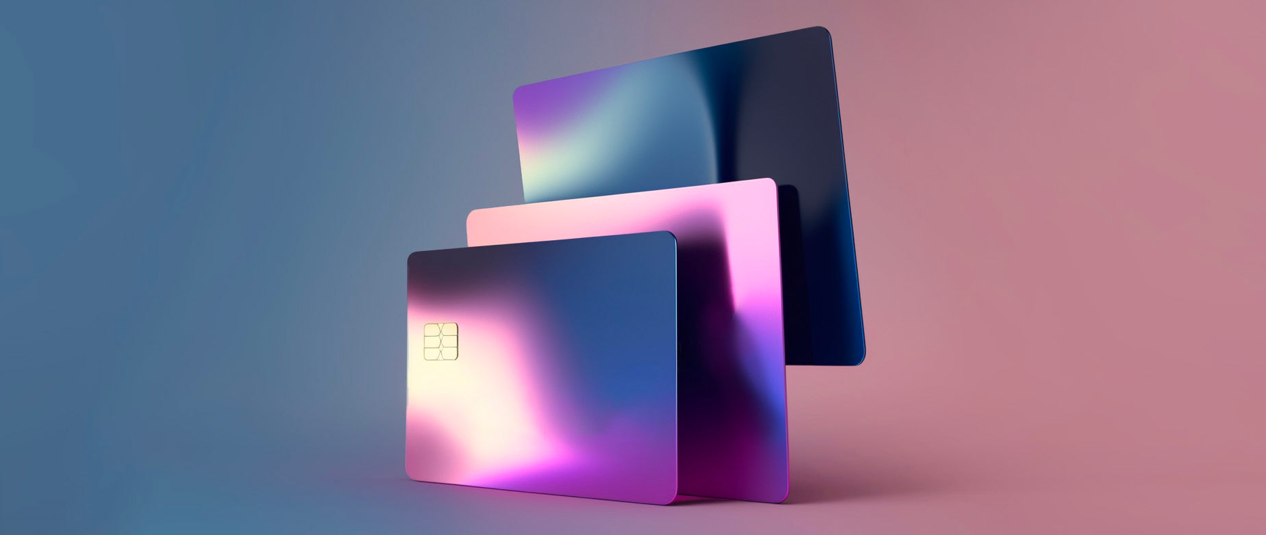 An image of iridescent credit cards with a blue and pink background to represent integrated payments