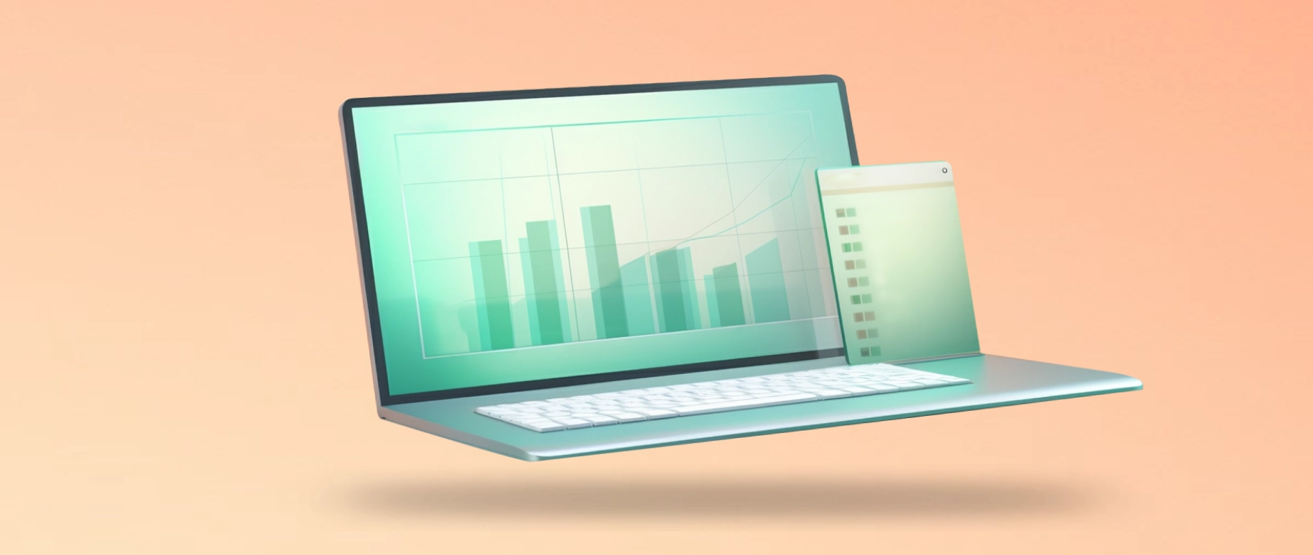 A laptop with graphs on its screen next to a tablet with graphics on a light orange background.