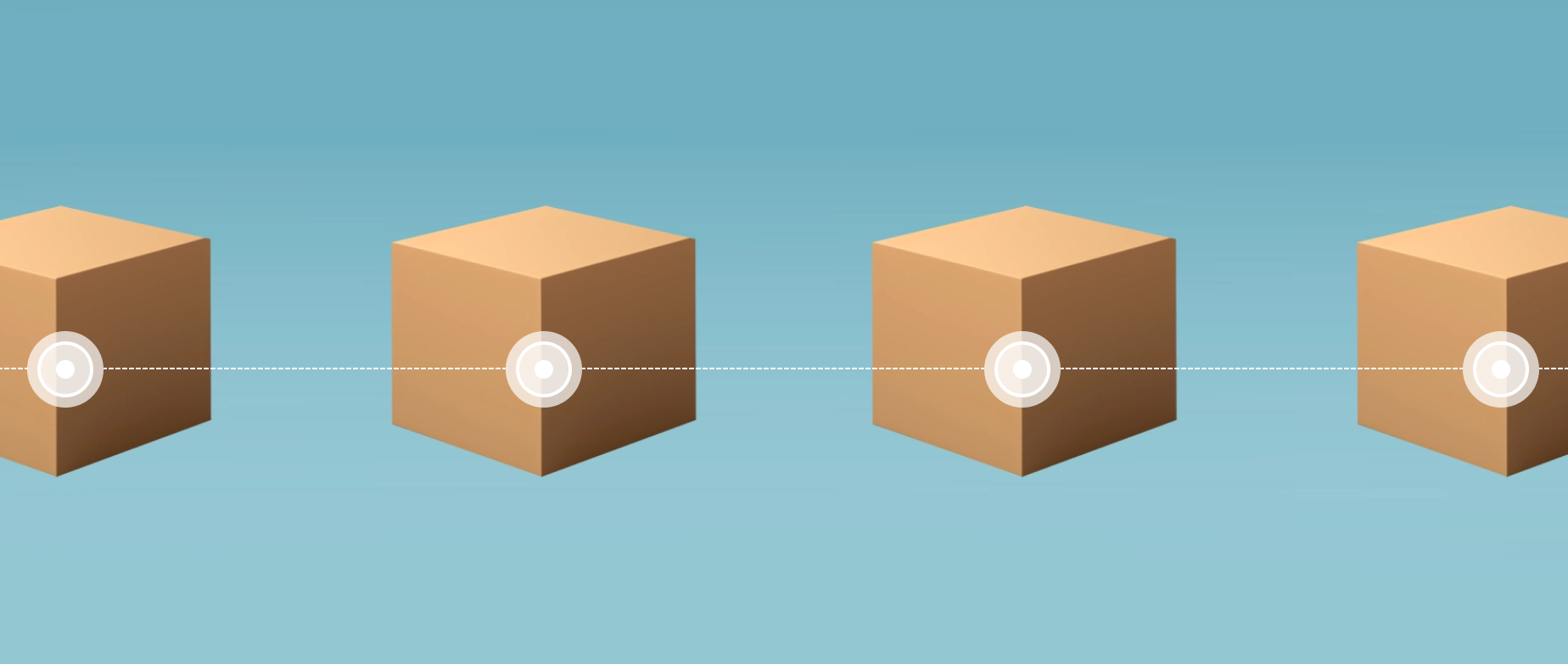 Four cardboard boxes next to each other with a dotted line running through their centers on a blue background.