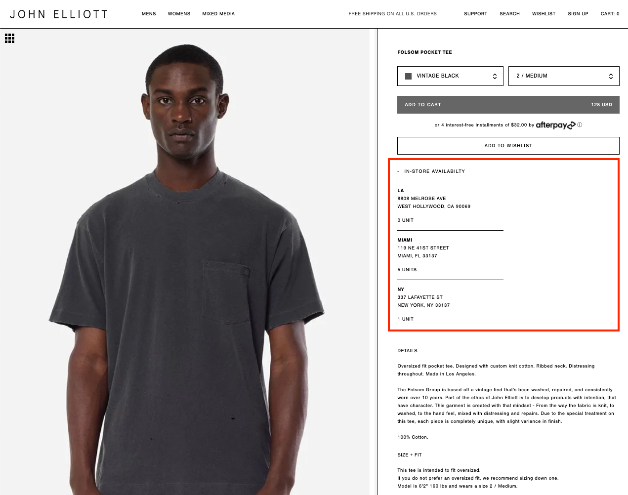 Apparel merchant John Elliot uses Local Pickup on their online store's product pages