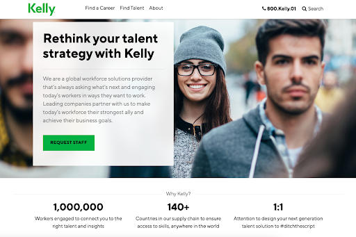 kelly landing page with copy on how to rethink your talent strategy with Kelly