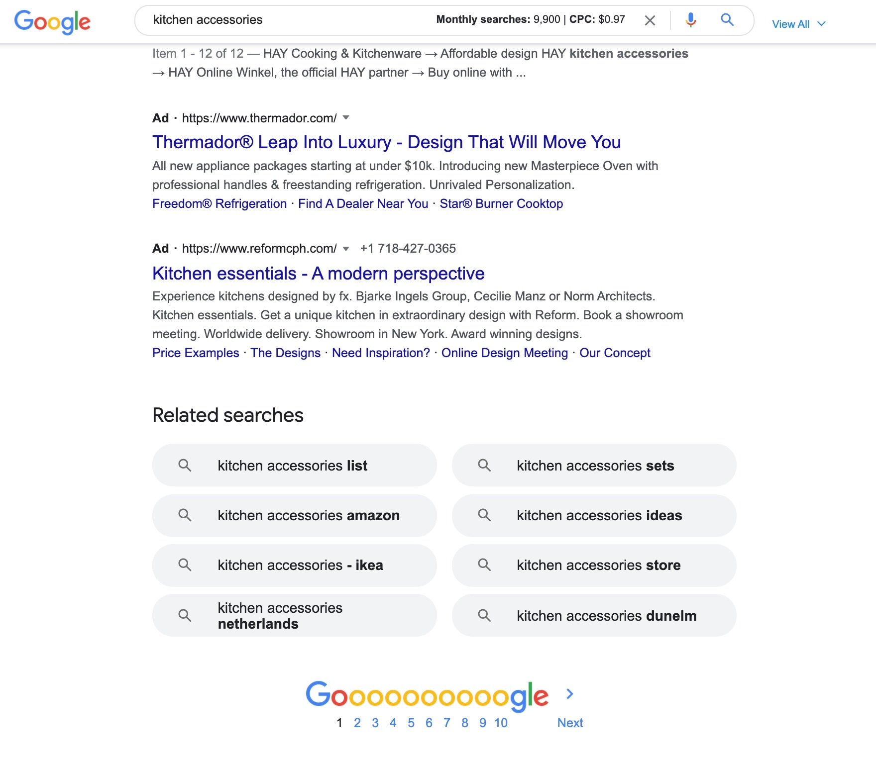 Image of related search results in Google