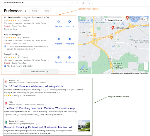 Example of regular search and local search results in Google