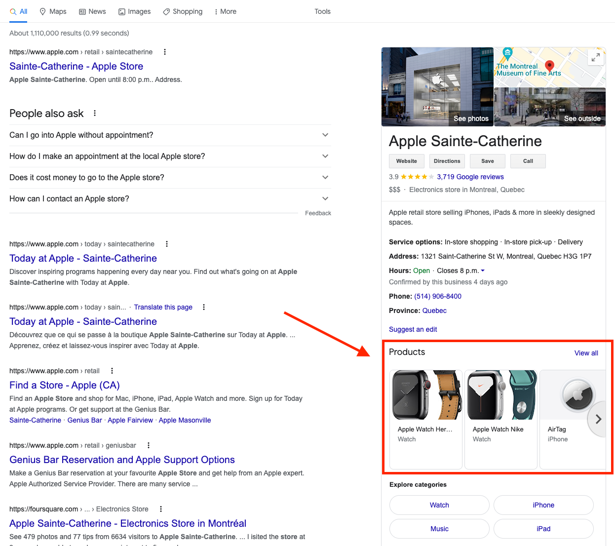 Local inventory listings in Google's knowledge panel