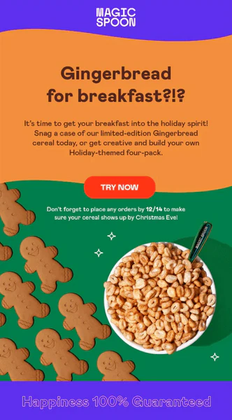 Green, orange, and purple background Magic Spoon email campaign featuring cereal bowl and gingerbread