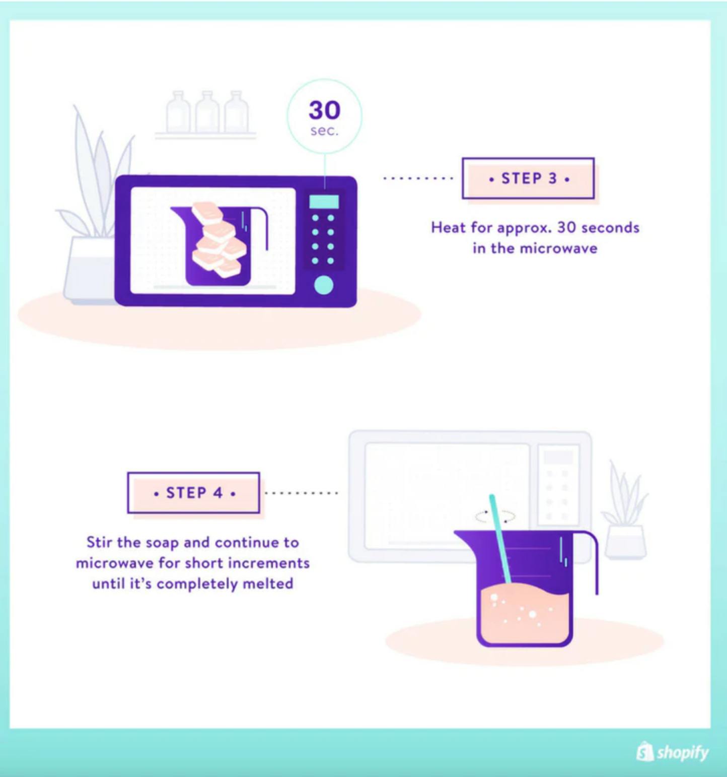 Graphic showing how to heat soap chunks and stir them