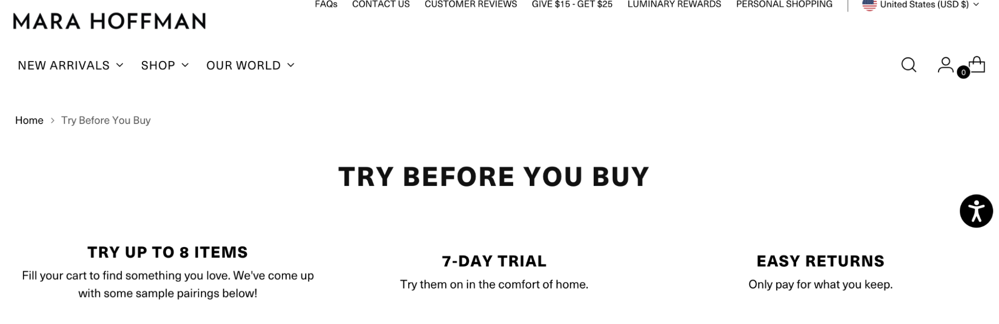 Screenshot of Mara Hoffman's try before you buy product collection page