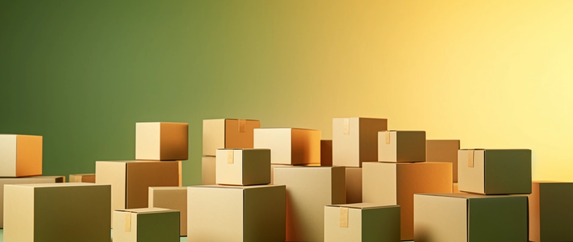 Stacks of unorganized cardboard boxes filling an illuminated room.