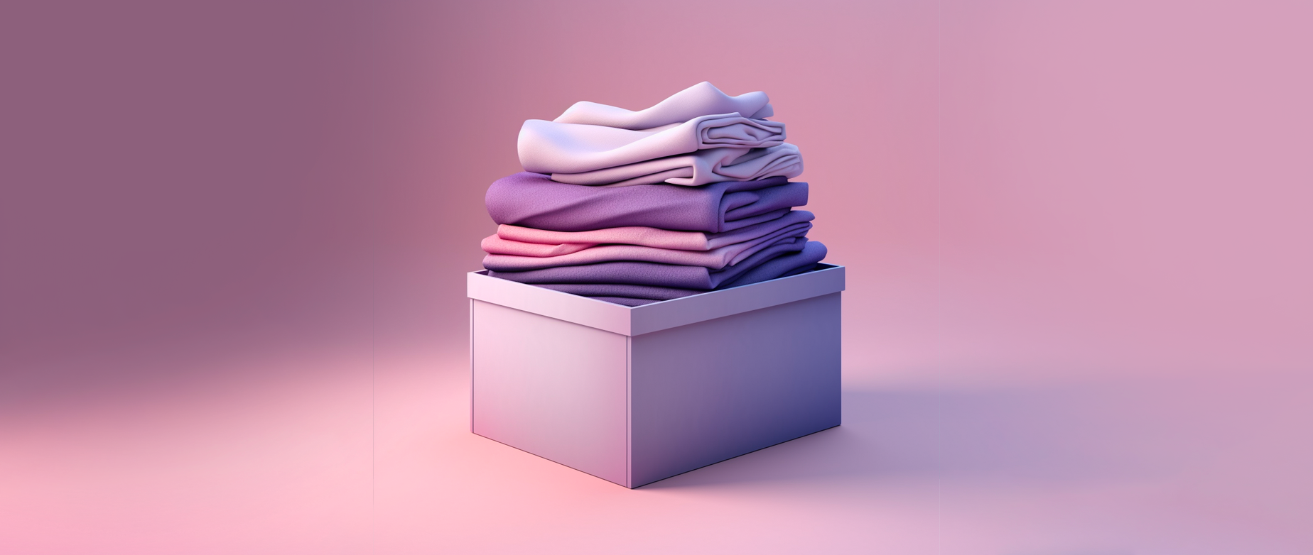 A purple box with folded pink and purple shirts overflowing on a pink background.