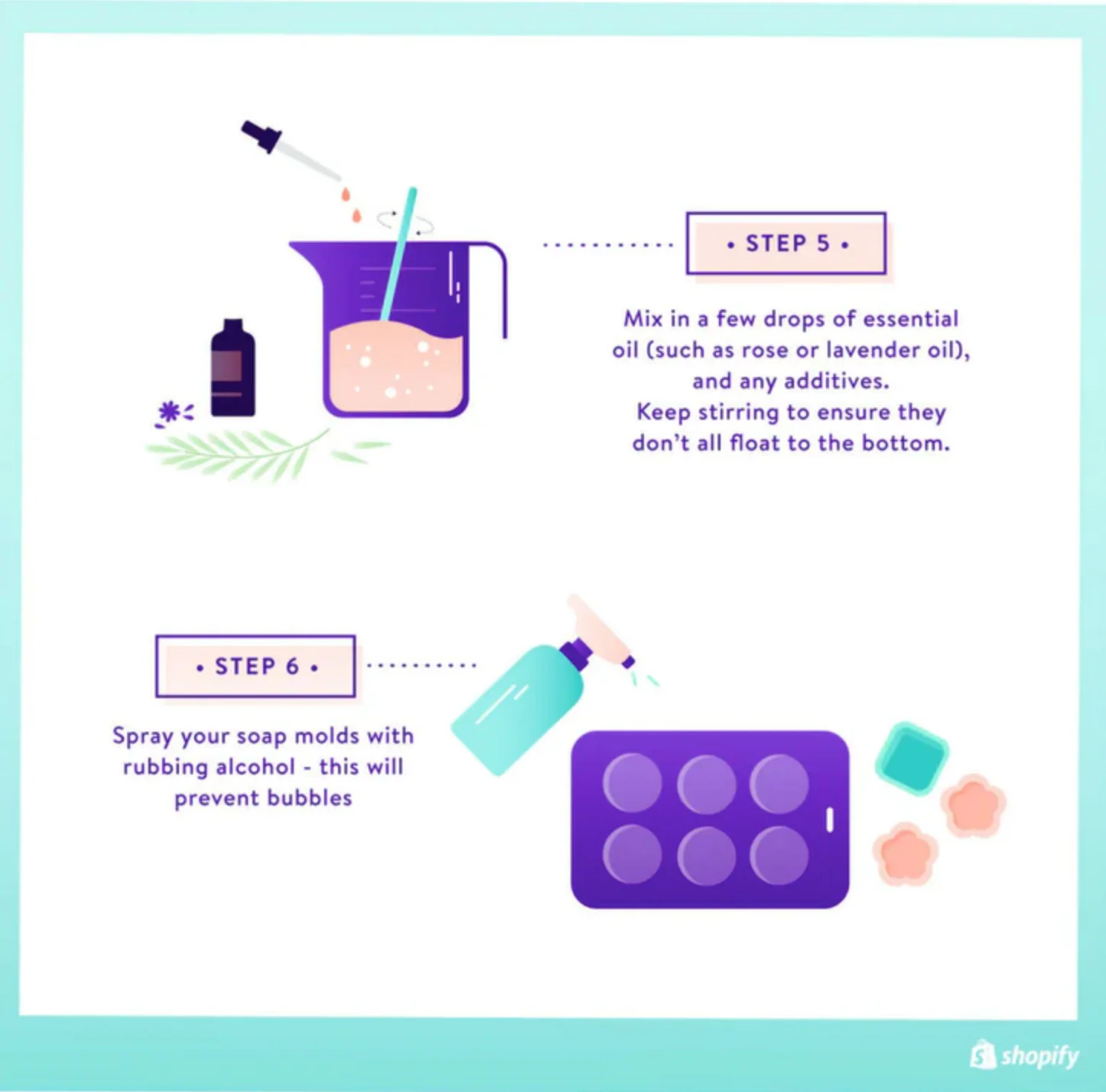 Illustration showing step 5 (mixing fragrance and additives) and step 6 (spray molds with rubbing alcohol) of making soap