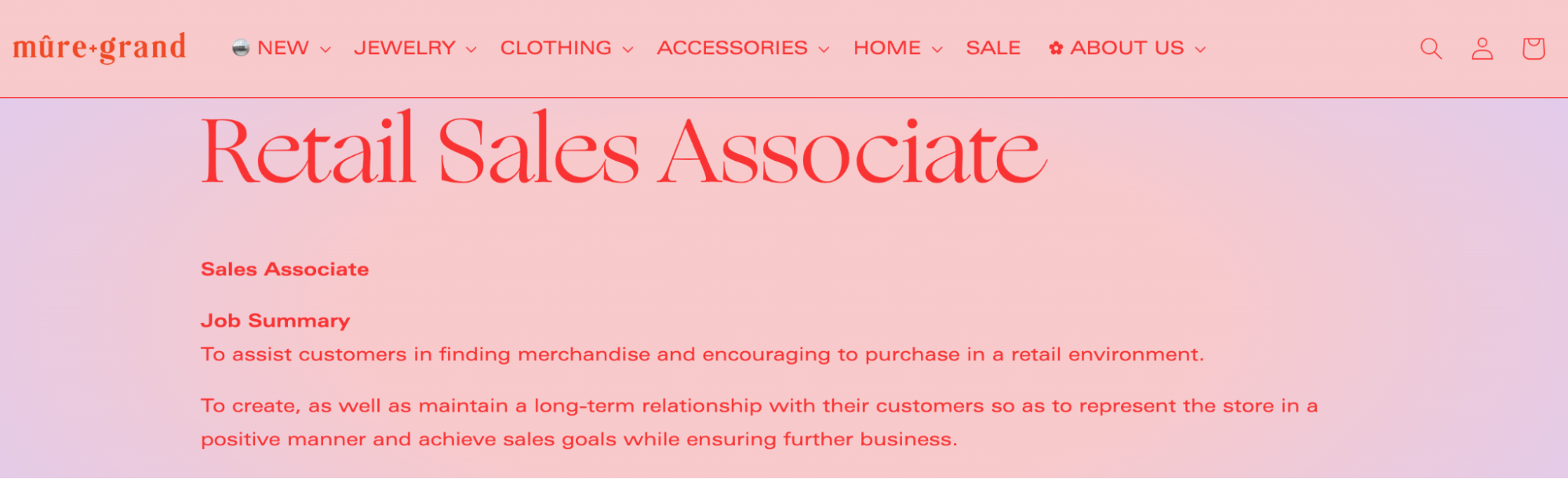 Screenshot of retail sales associate job opening for Mure + Grand