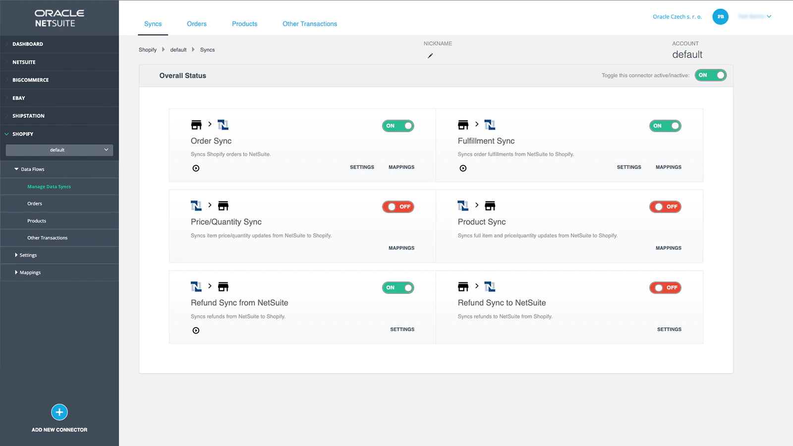 Screenshot of the Netsuite ERP platform with Shopify automations.