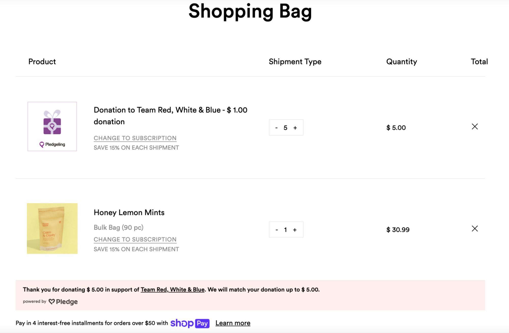 screenshot of Neuro Gum checkout page with an optional donation and honey lemon mints