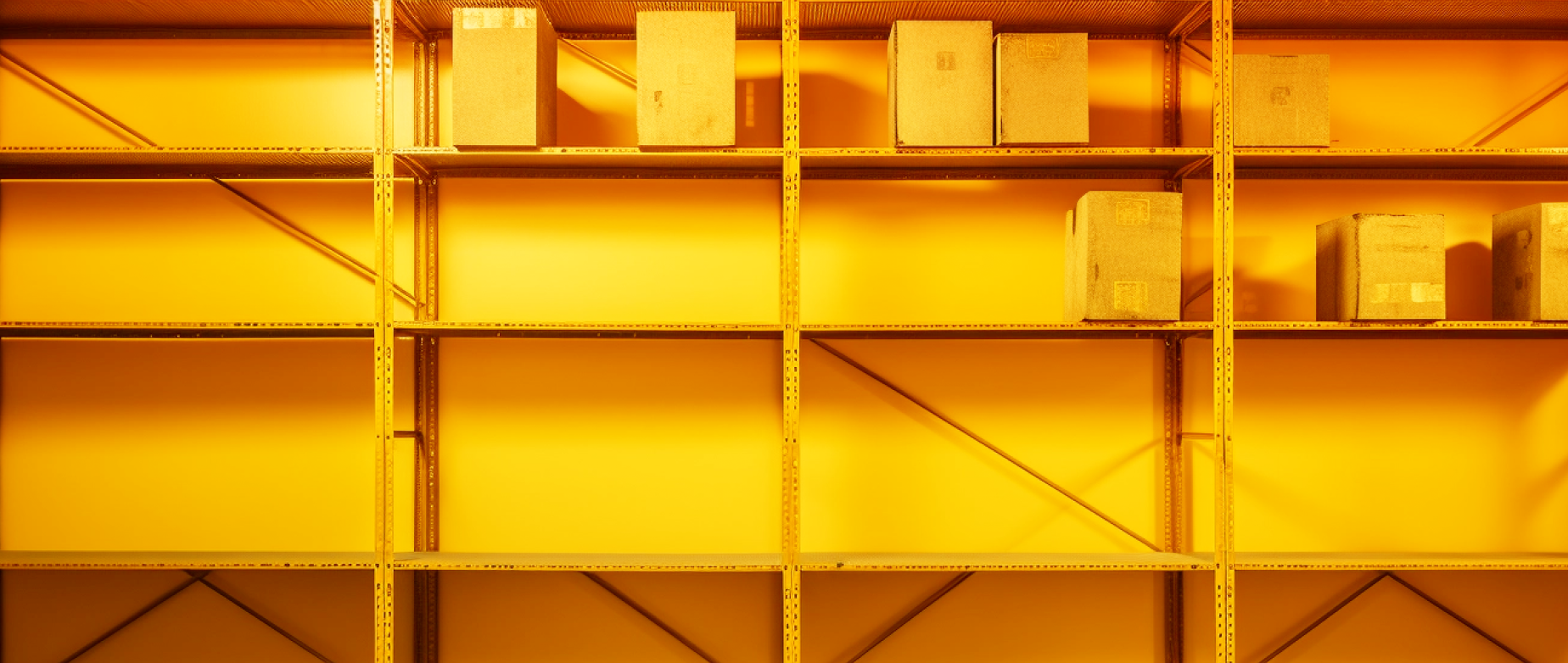 Empty storage room shelves with a few cardboard boxes illuminated by an orange light.