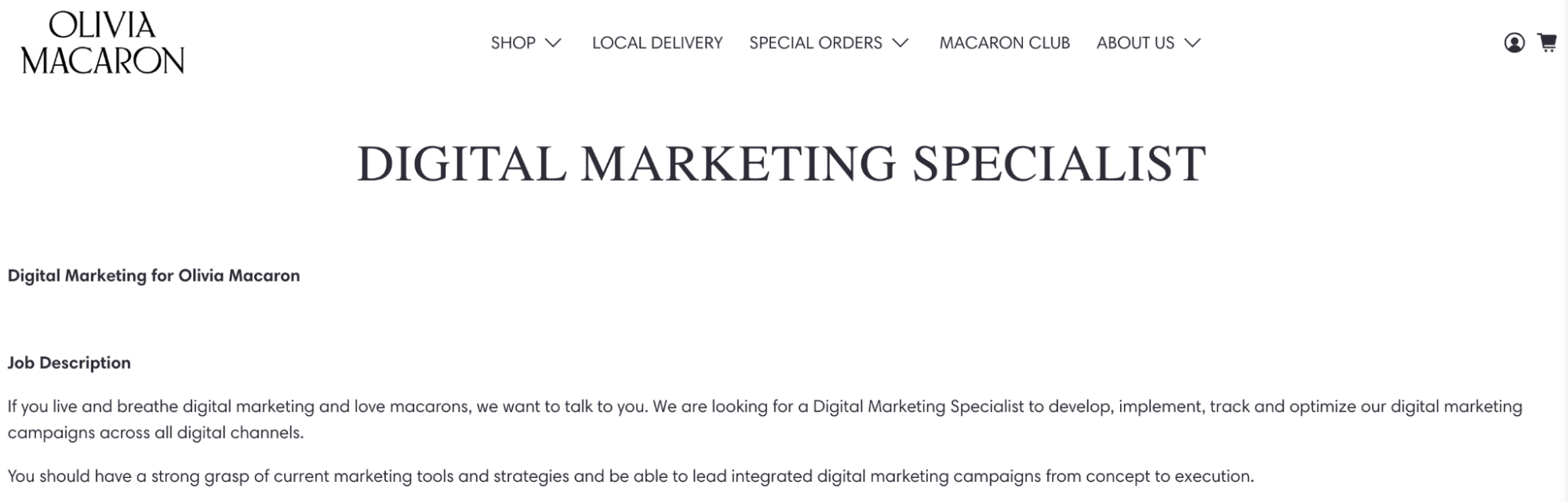 Screenshot of Olivia Macaron digital marketing specialist job ad