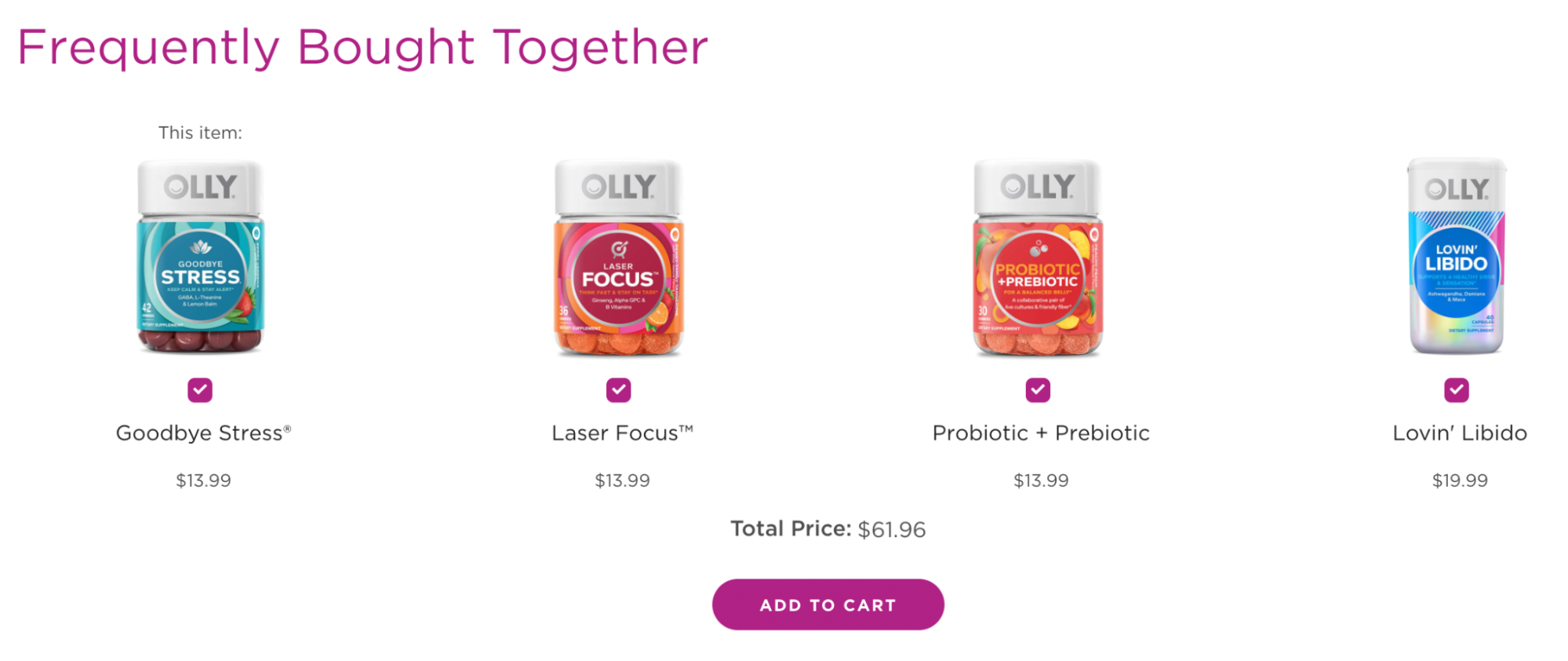 Olly supplements frequently bought together including laser focus, goodnight stress and probiotics