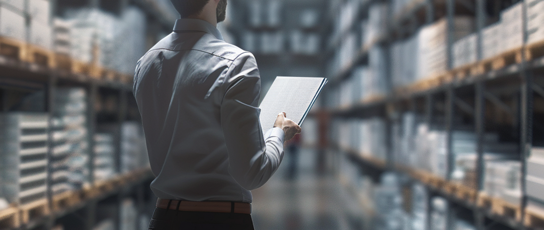 picture of a man standing in a warehouse taking periodic inventory count