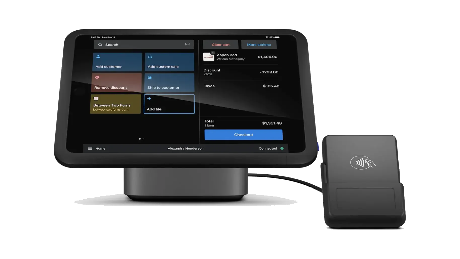 Shopify’s POS hardware including a touchscreen dashboard and a contactless card reader.