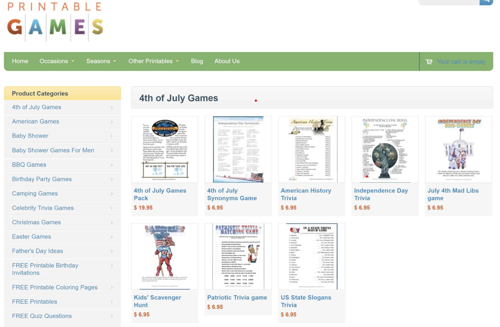 A selection of printable games listed on an ecommerce website