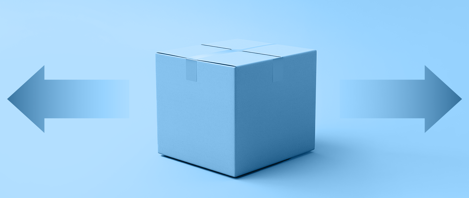 A blue box with two arrows pointing away from it on a light blue background.