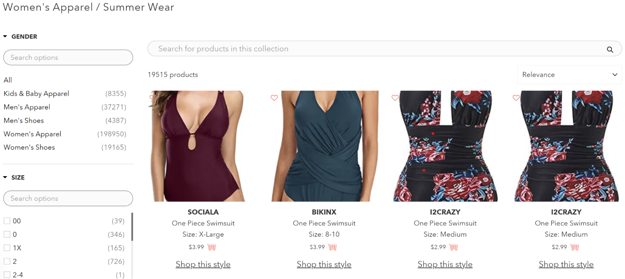 Four colorful women’s bathing suits listed on an ecommerce website