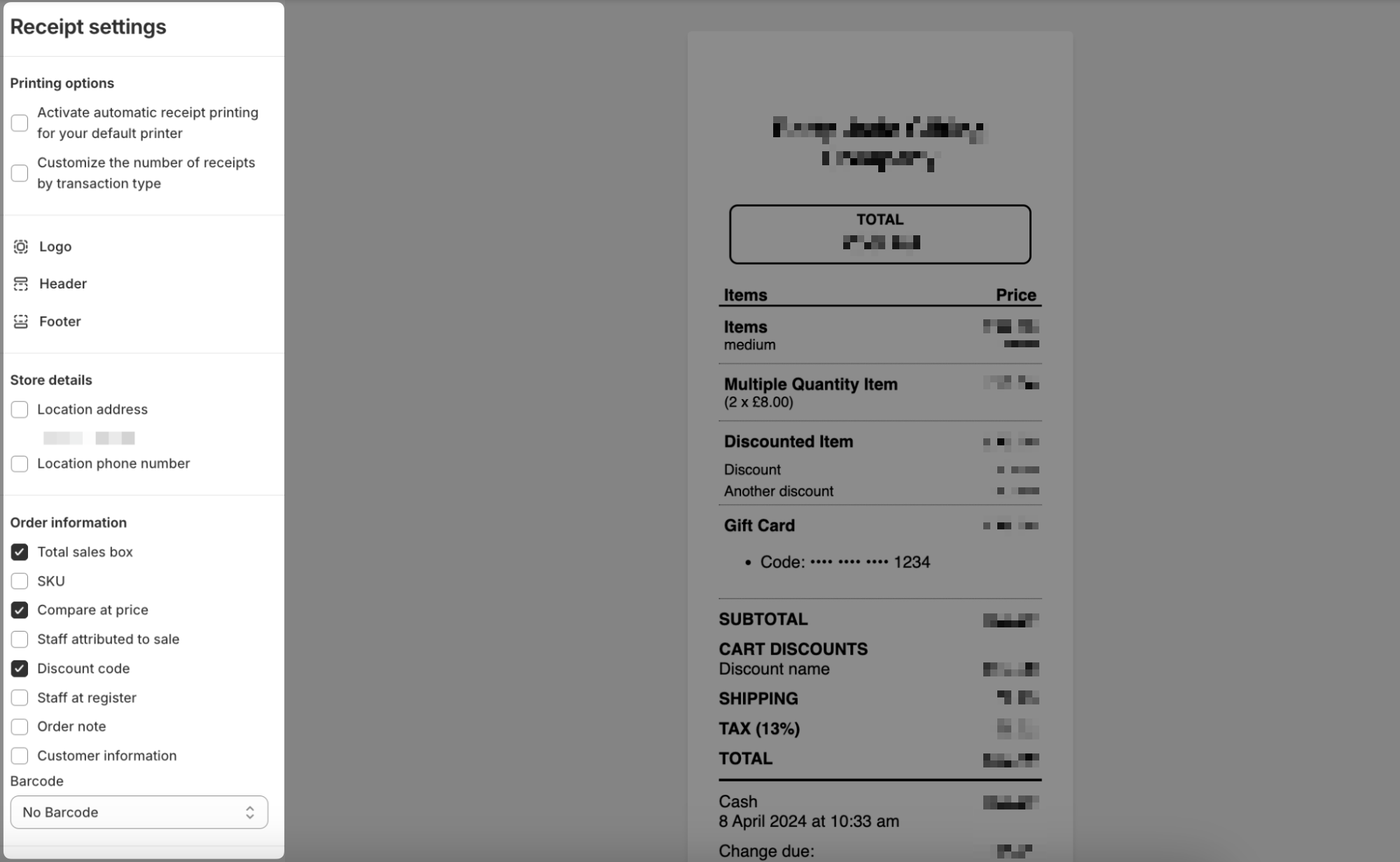 Receipt template showing the customization options in Shopify.