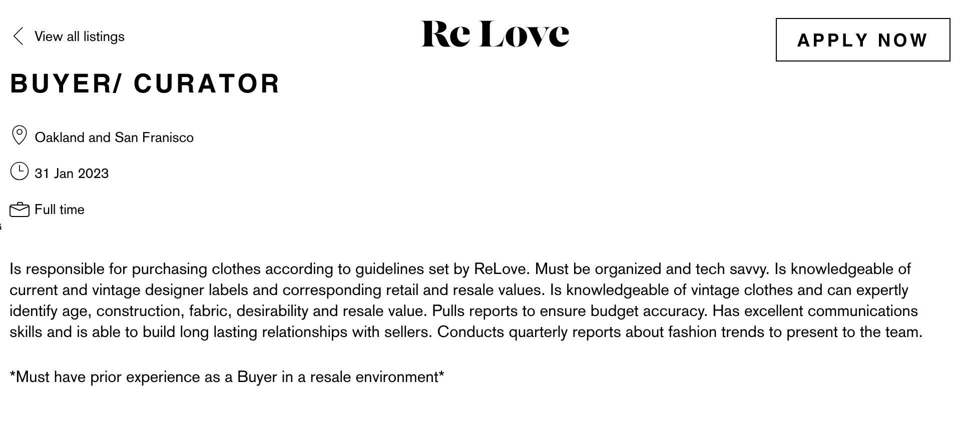 Screenshot of ReLove buyer/curator job ad