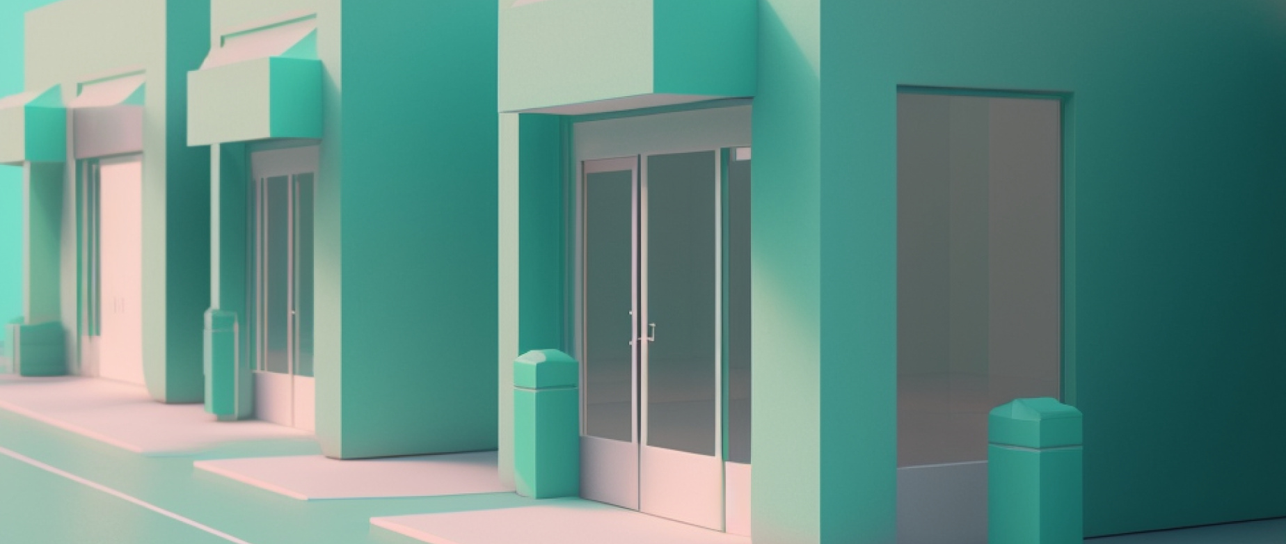 A image of seafoam green and light pink buildings and storefronts to represent retail software