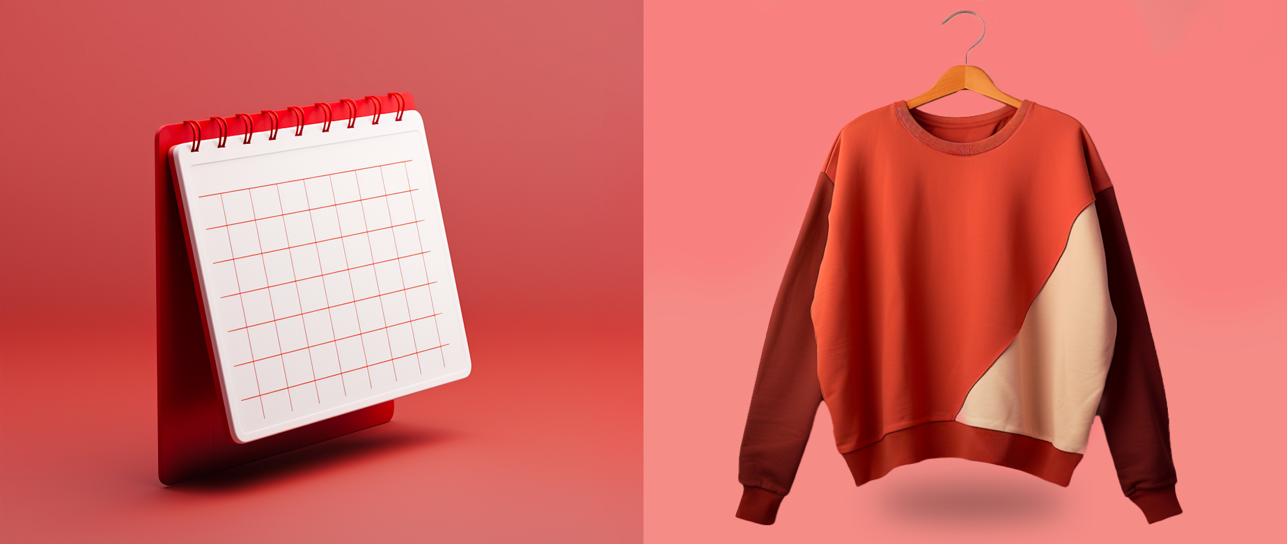 An empty planner on a dark red background next to a red sweatshirt on a light red background.