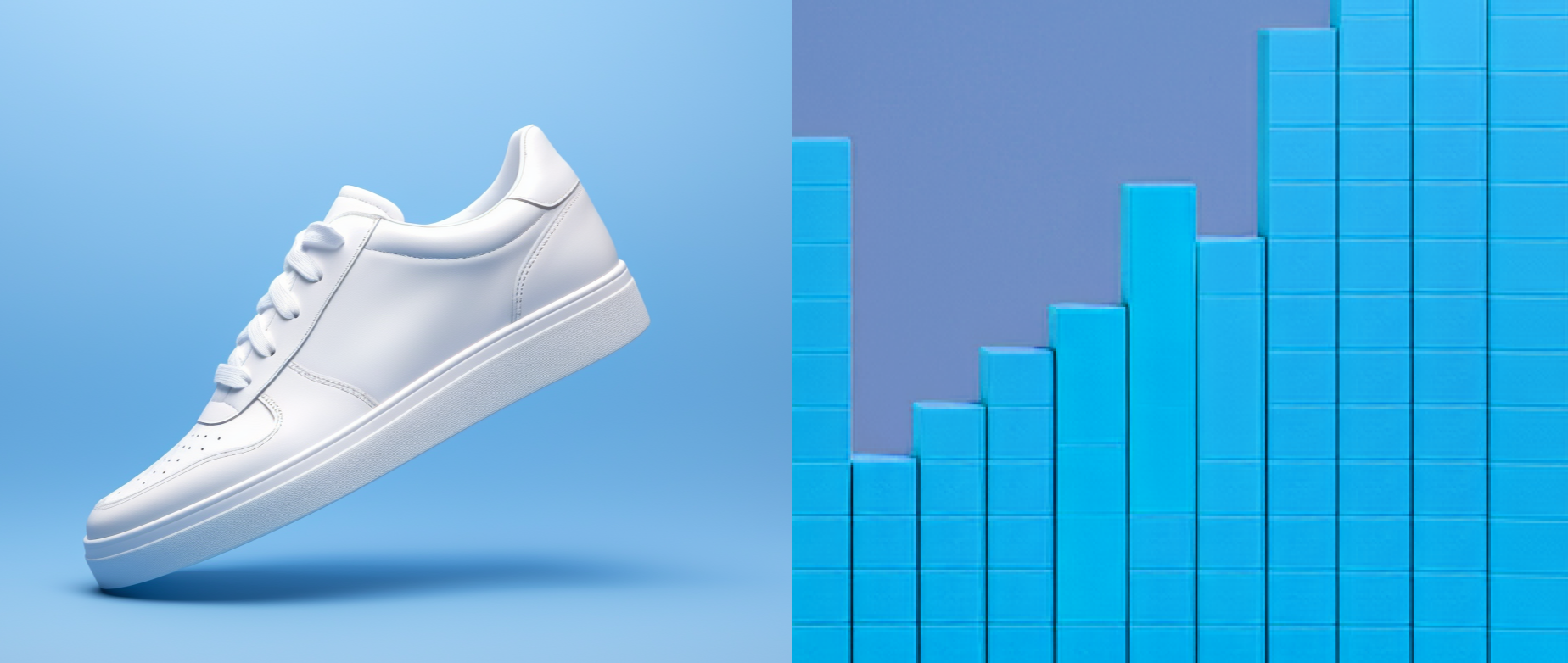 A white sneaker on a light blue background next to a blue bar graph on a blue grey background.