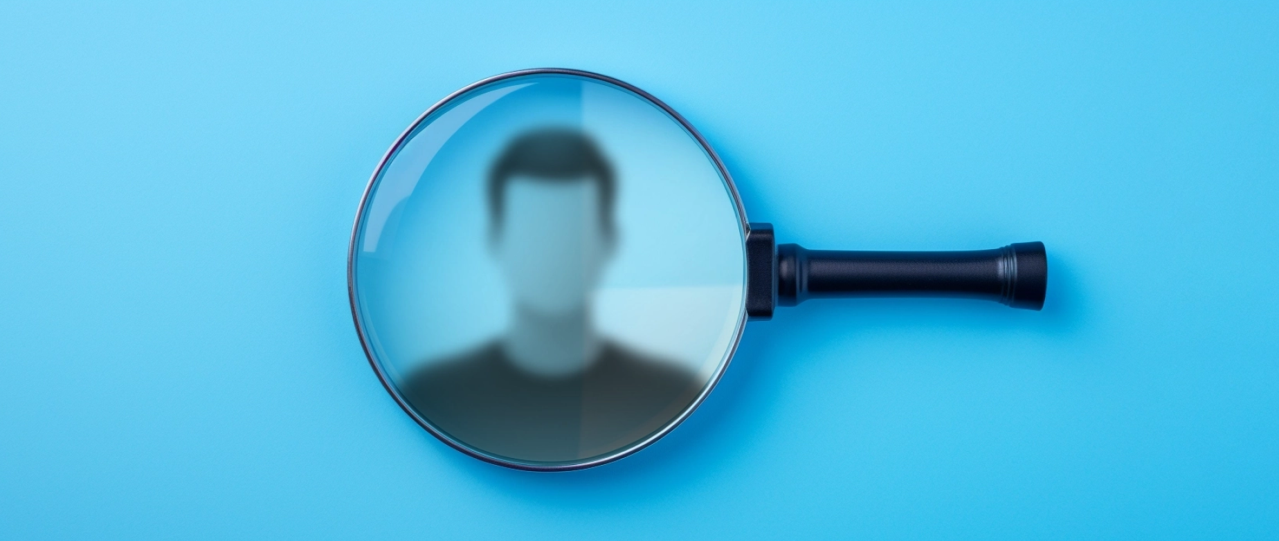 A magnifying glass examining a profile icon on a blue background.