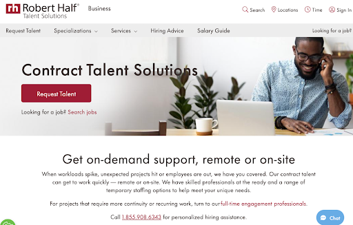 robert half homepage with copy on contract talent solutions