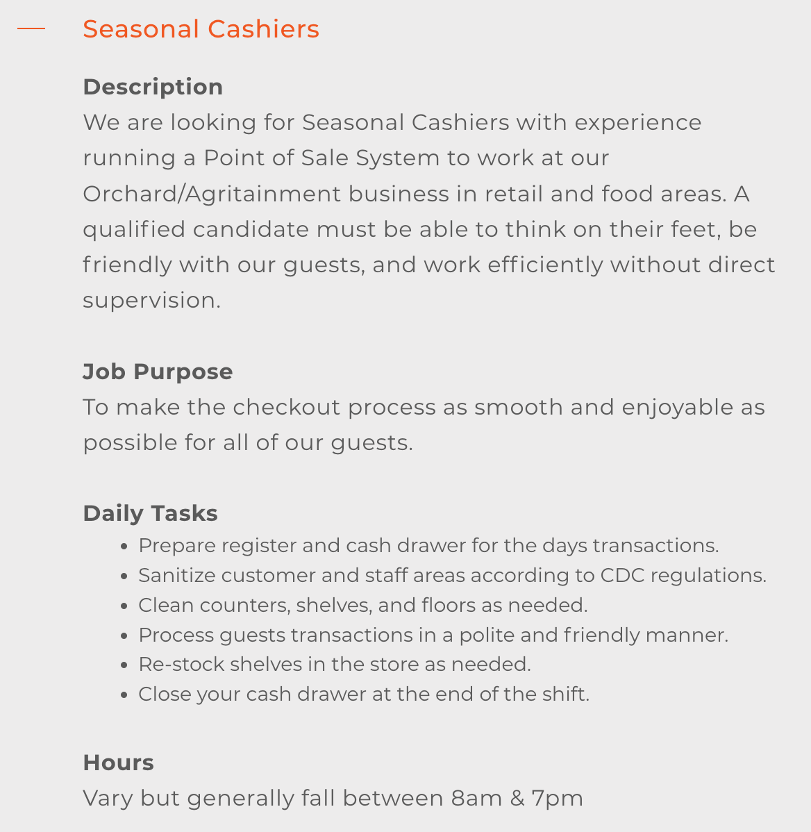 Screenshot of Roca Berry Farm job openings with “seasonal cashier” expanded