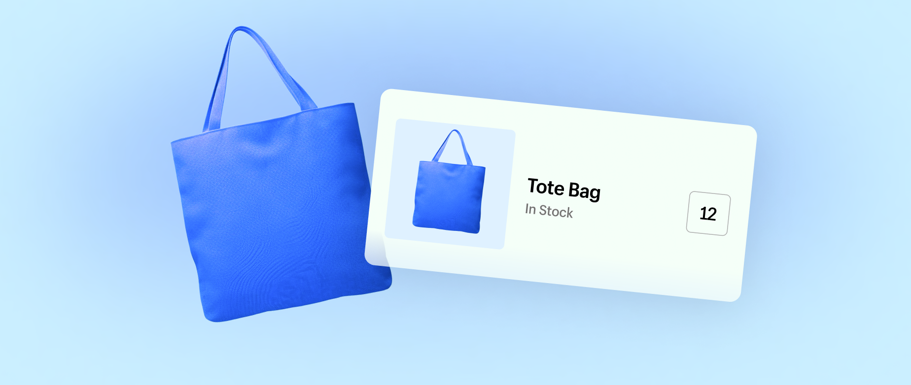 An image showing 12 blue tote bags in stock on a light blue background.