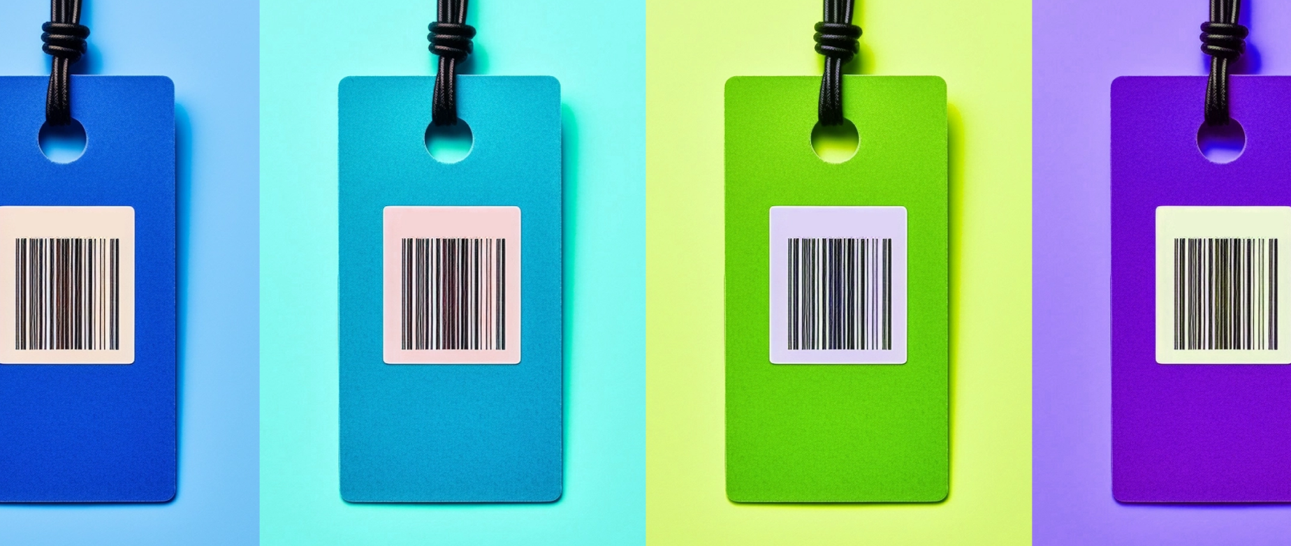 A blue, light blue, green, and purple price tags with bar codes next to each other on blue, light blue, yellow and purple backgrounds.