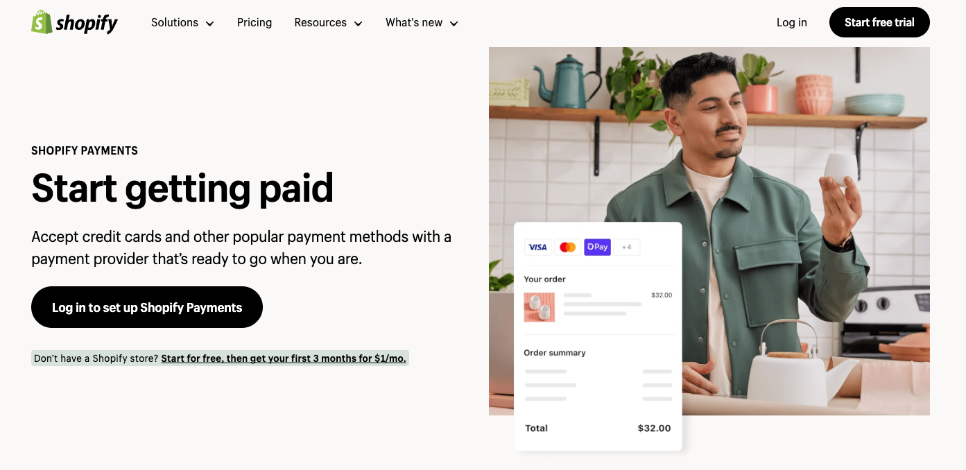 Top of Shopify Payments page; an image of a business owner and a screenshot of a checkout page