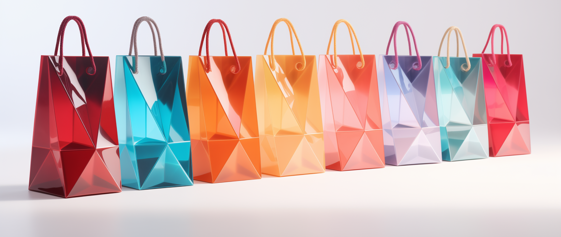 Eight shiny multicolored shopping bags next to each other in a line on a white background.
