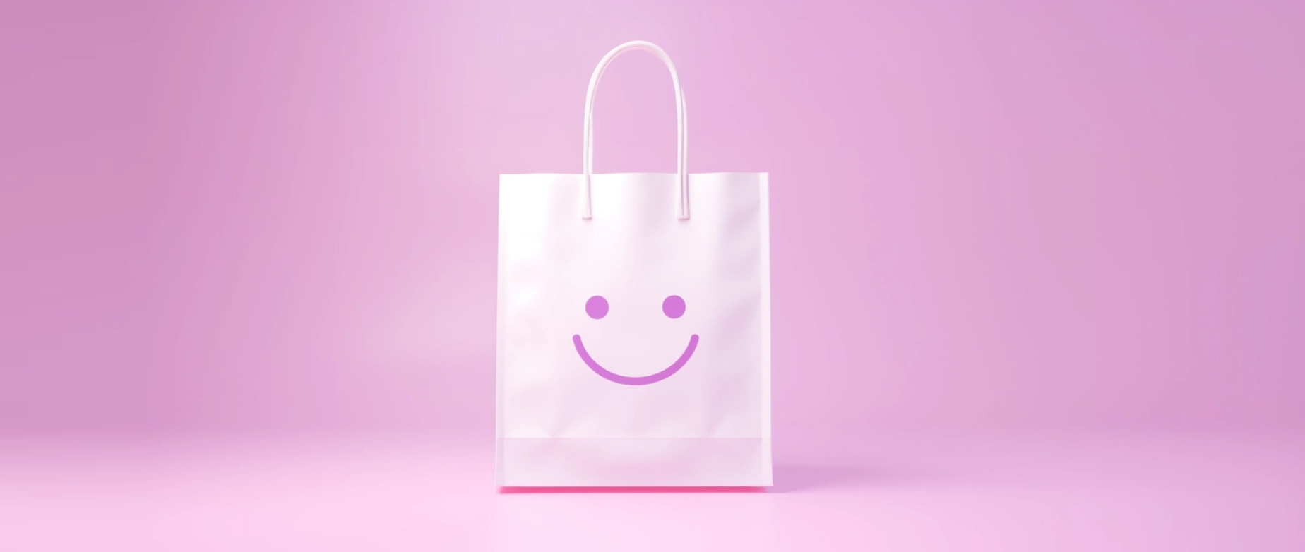 A pink shopping bag with a smiley face on a dark pink background.