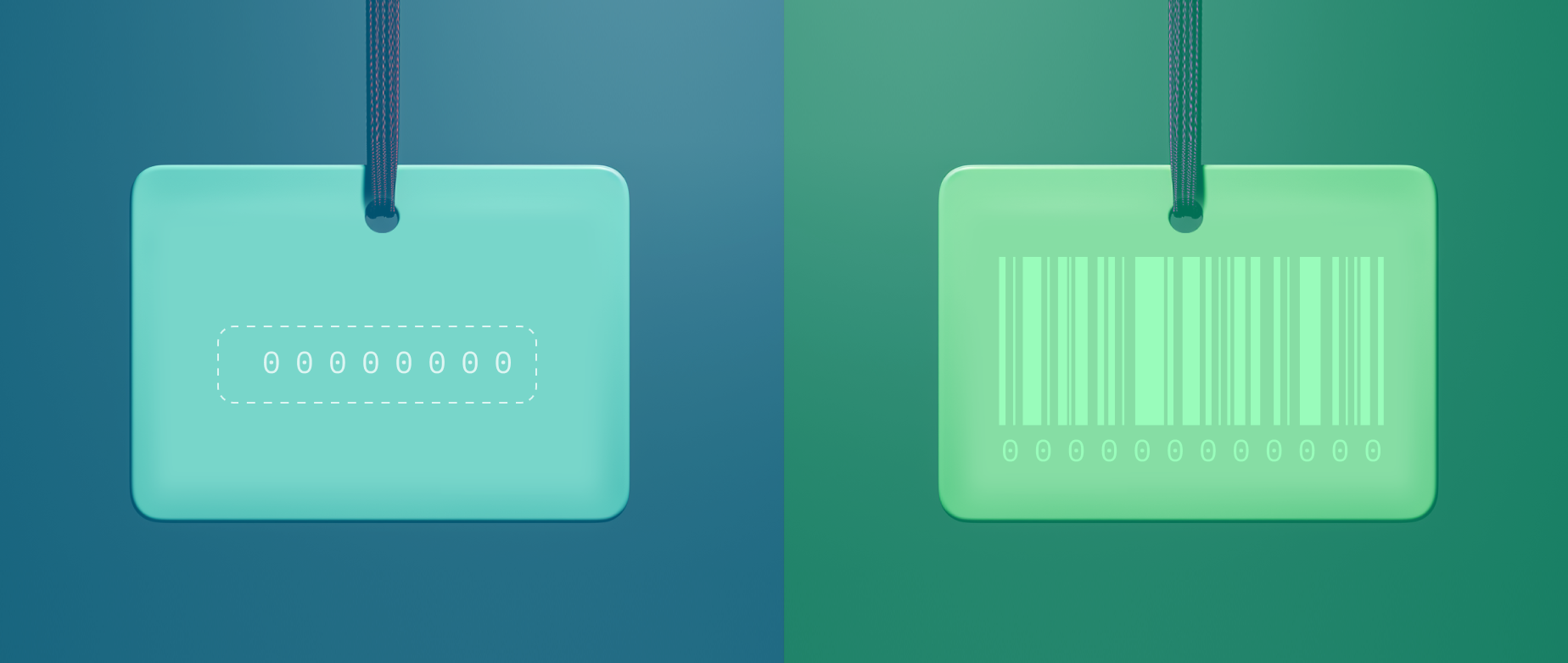 A blue sku tag on a blue background next to a green serial number tag on a green background.