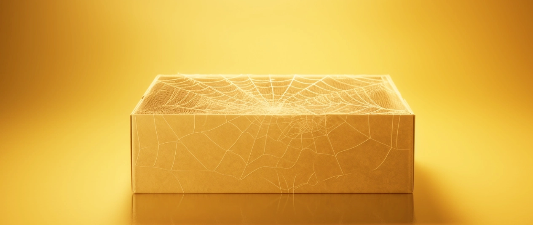 A cardboard box covered with spider webs on a gold background.