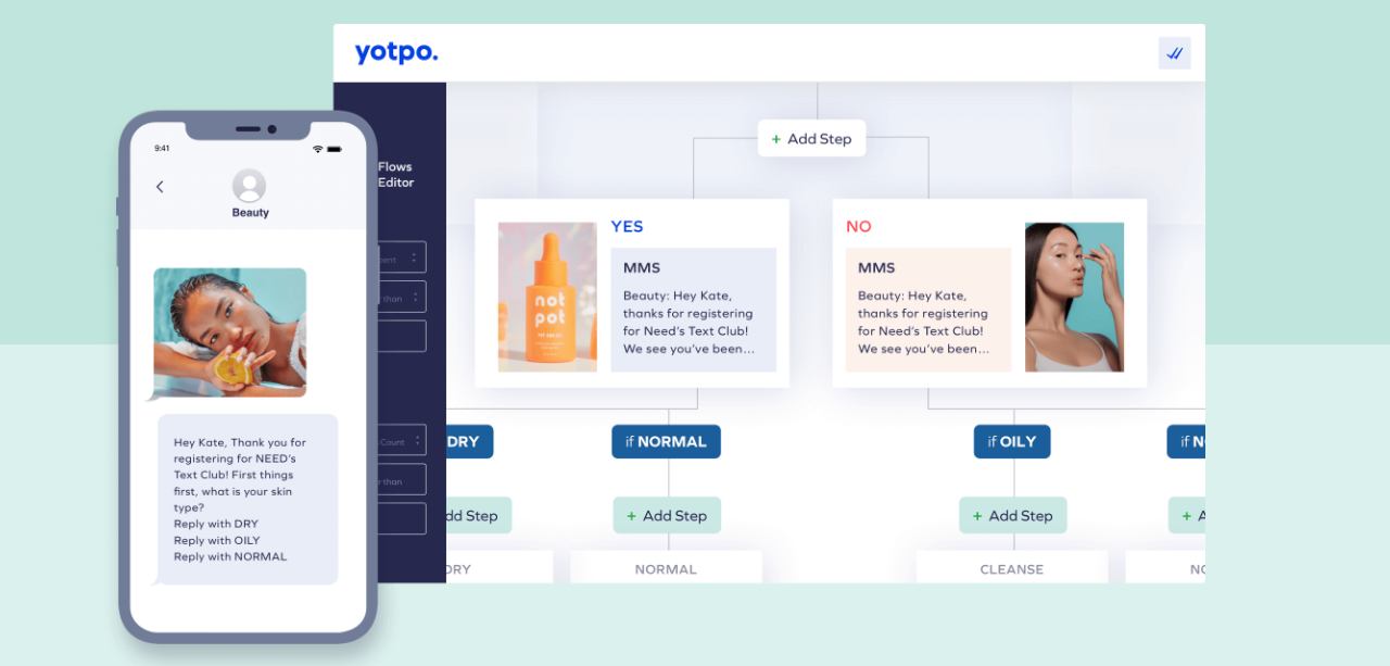 Yotpo SMS marketing dashboard with SMS example on phone