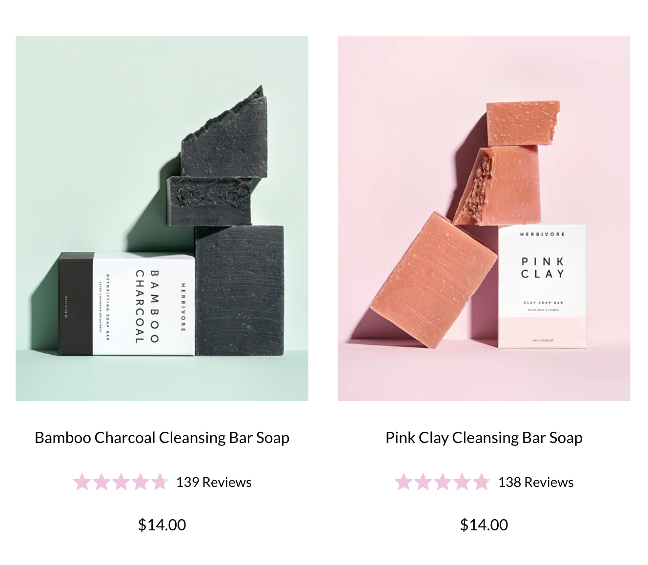 Screenshot of product images for bamboo charcoal and pink clay soap bars