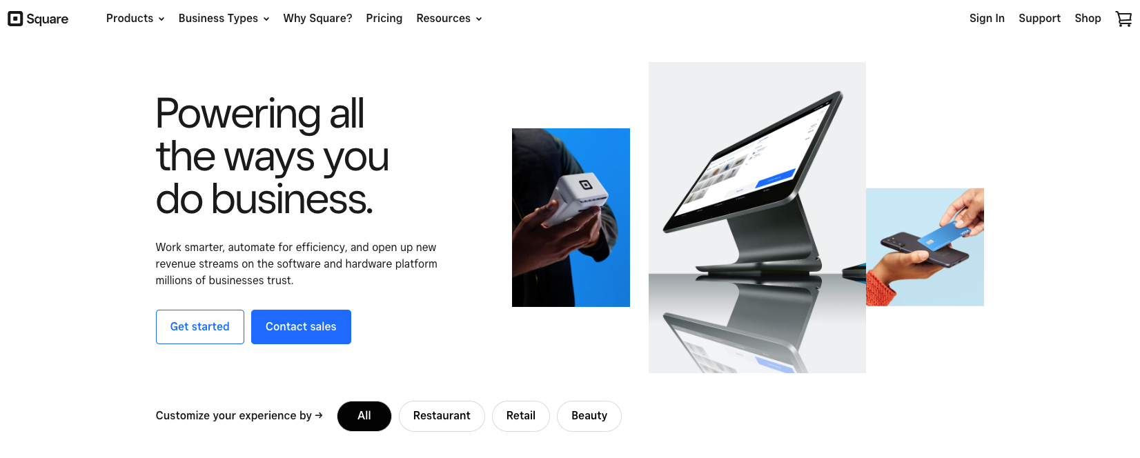 Top of Square’s page with images of equipment like card reader and terminal